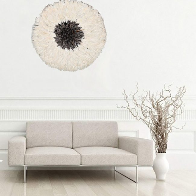Hand Made Feather Wall Decor Round White l