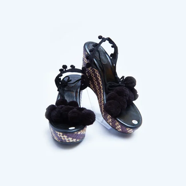 Black Pompom Wedges Sandals