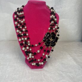 black crystal and pearl layered necklace